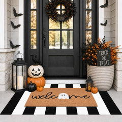 Fallovea black and white striped rug full view provides bold contrast and coverage