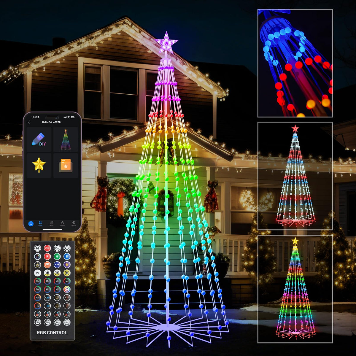 FANCILLUMA front view cone tree showing colorful display and easy installation benefit