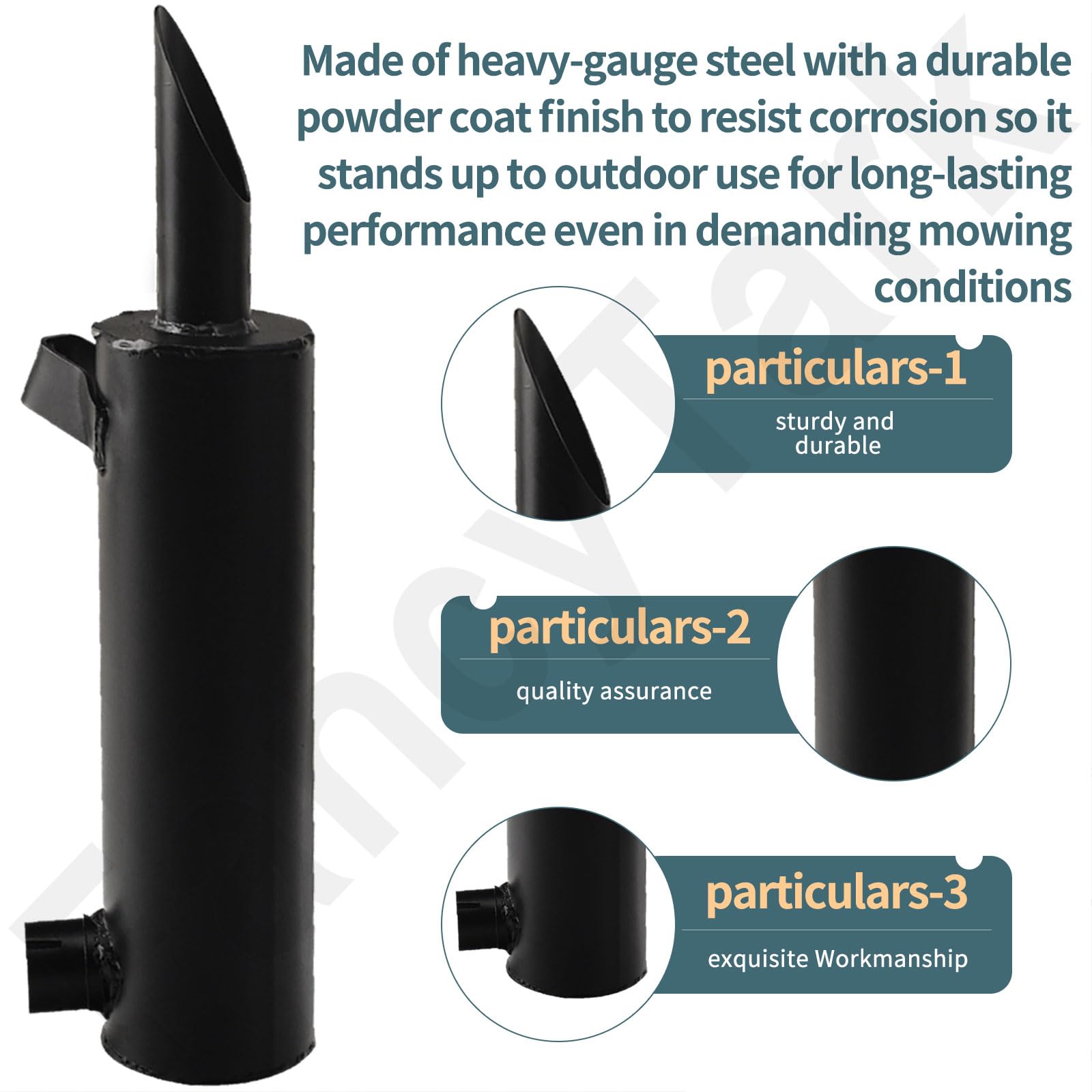 FancyTark muffler inlet and outlet ends showing 1-3/8" ID for correct fit