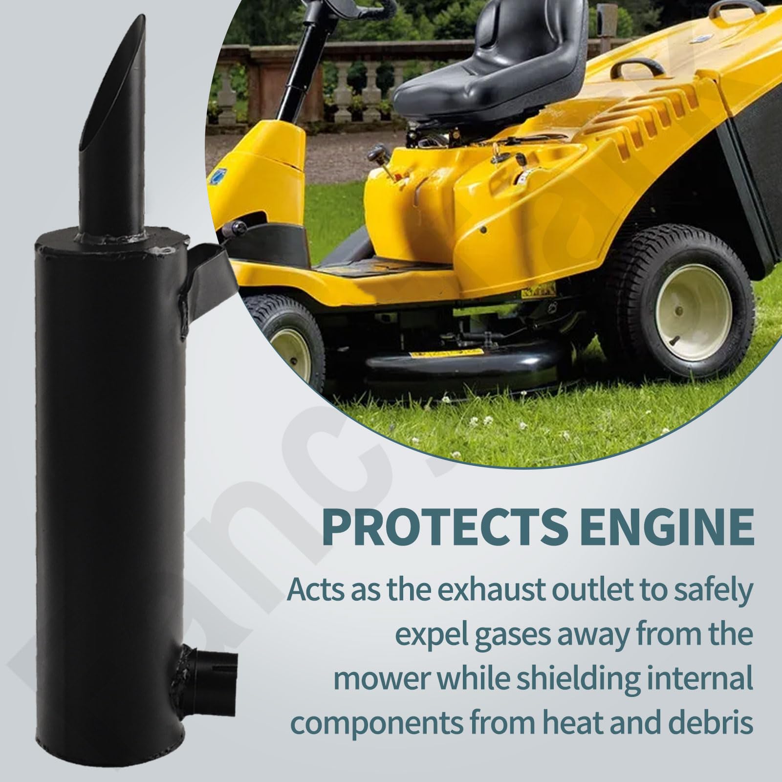 FancyTark muffler installed on a ride-on mower directing exhaust safely away