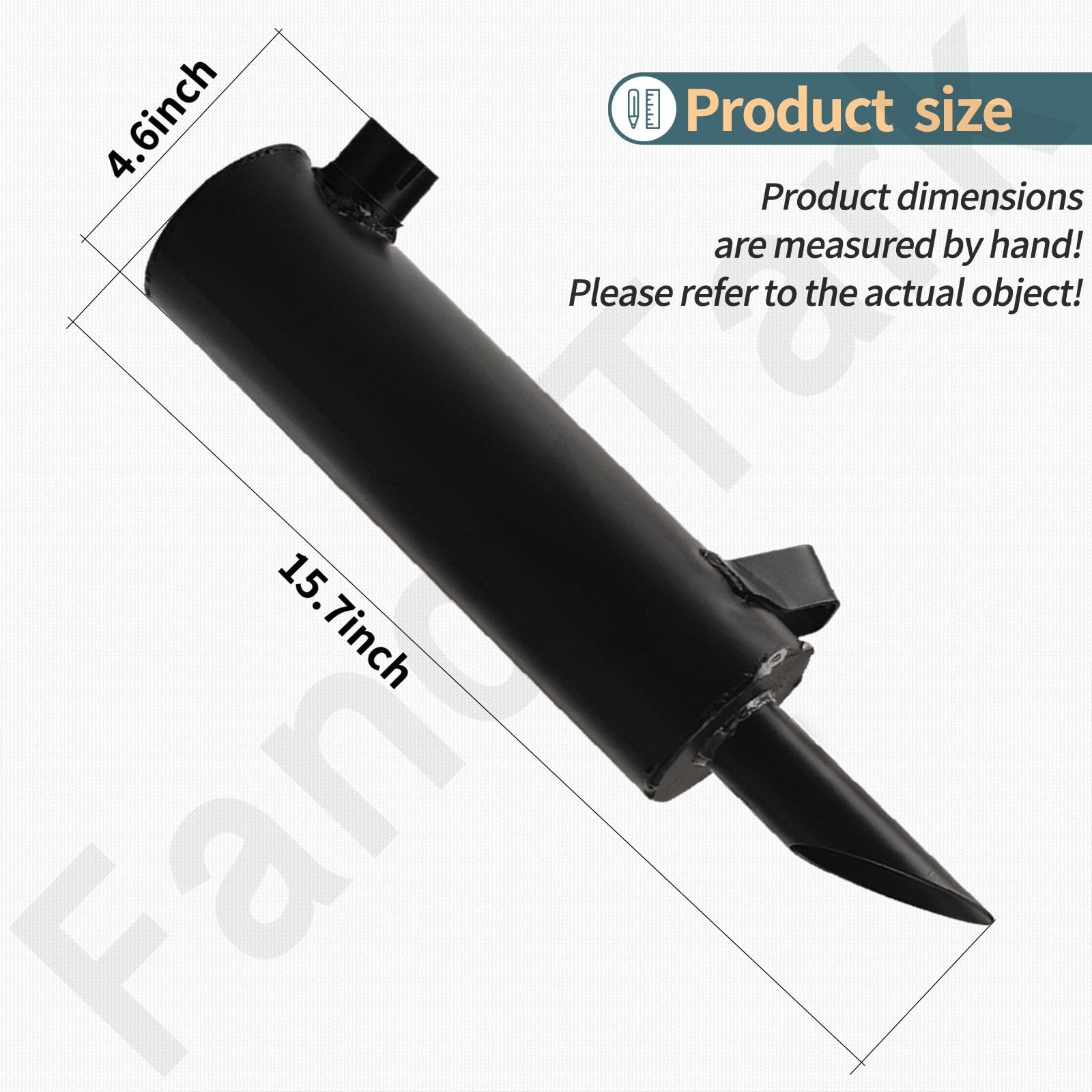 FancyTark muffler side profile highlighting powder-coated steel for durability