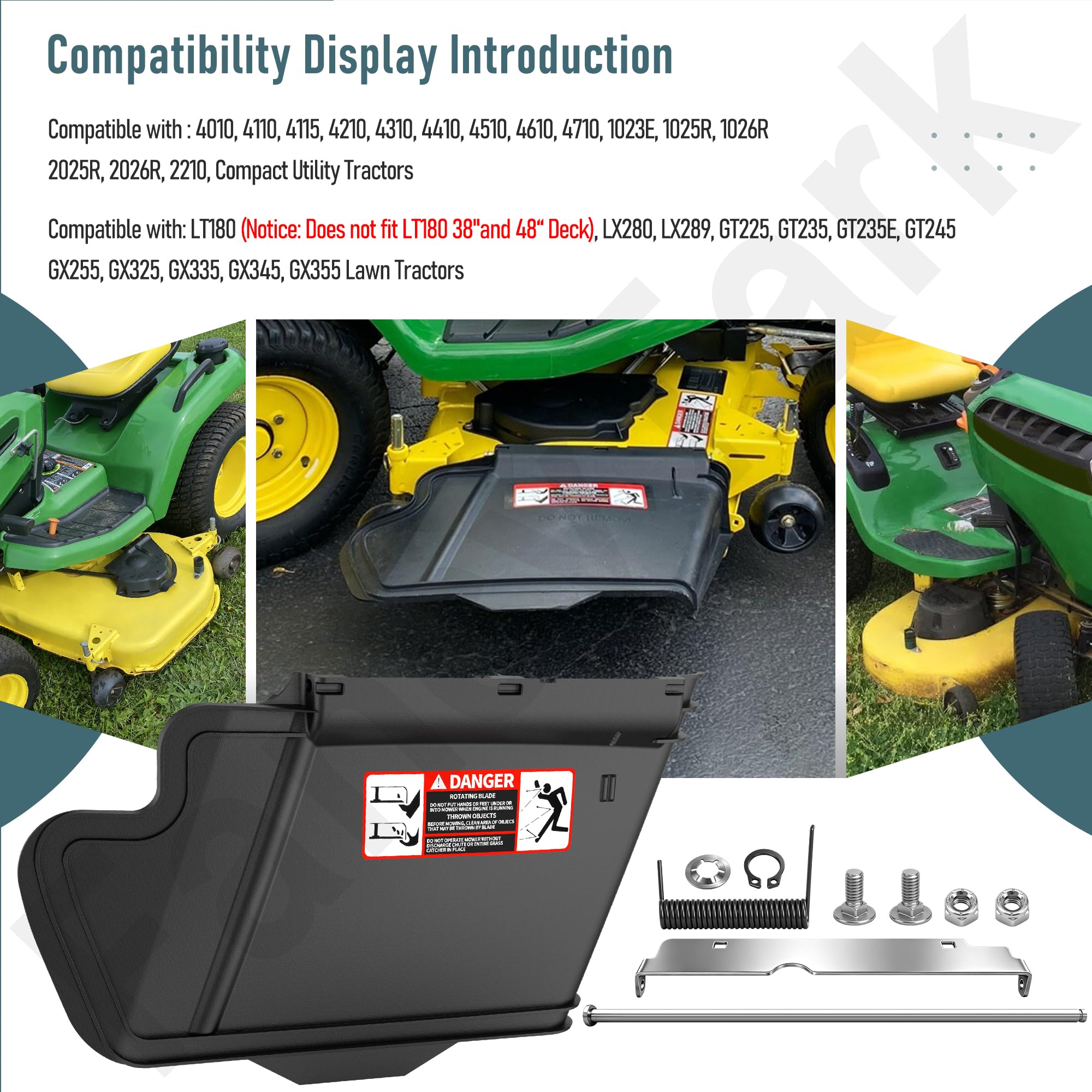 FancyTark chute mounted on a 48-inch deck illustrating compatibility benefit