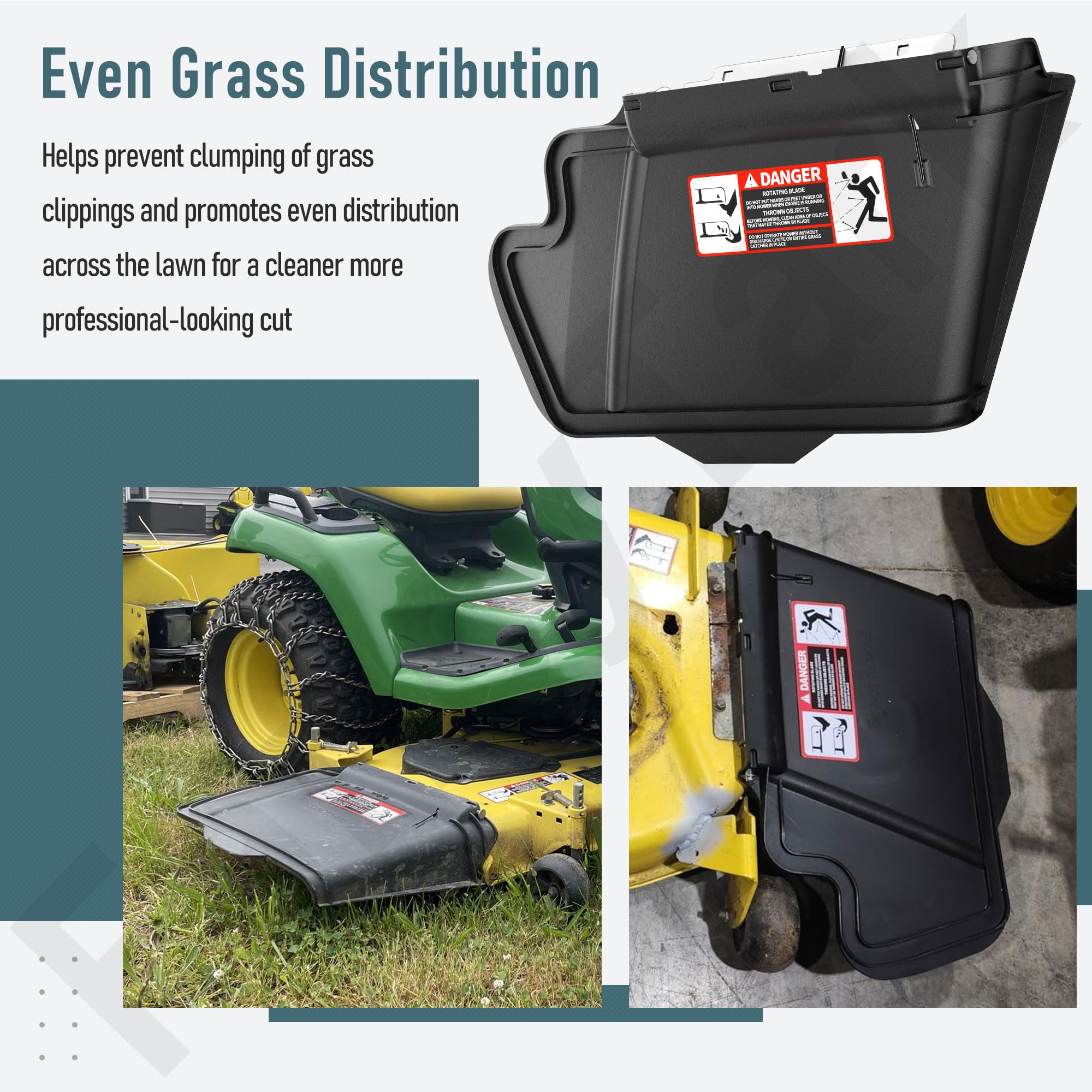 FancyTark discharge chute on mower in yard showing clean grass discharge benefit