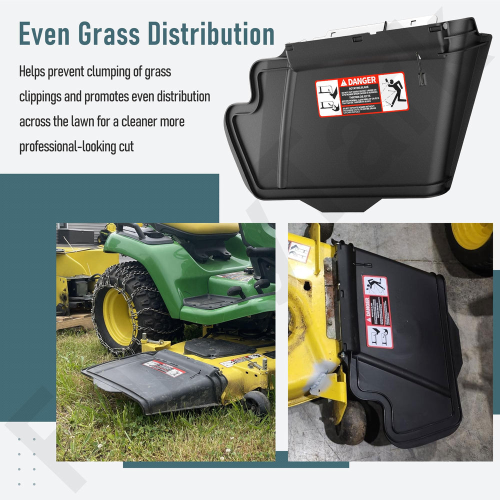 FancyTark discharge chute on mower in yard showing clean grass discharge benefit