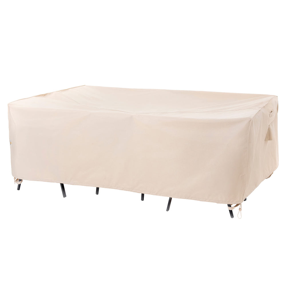 F&J Outdoors front view of beige cover protecting table, durable protection
