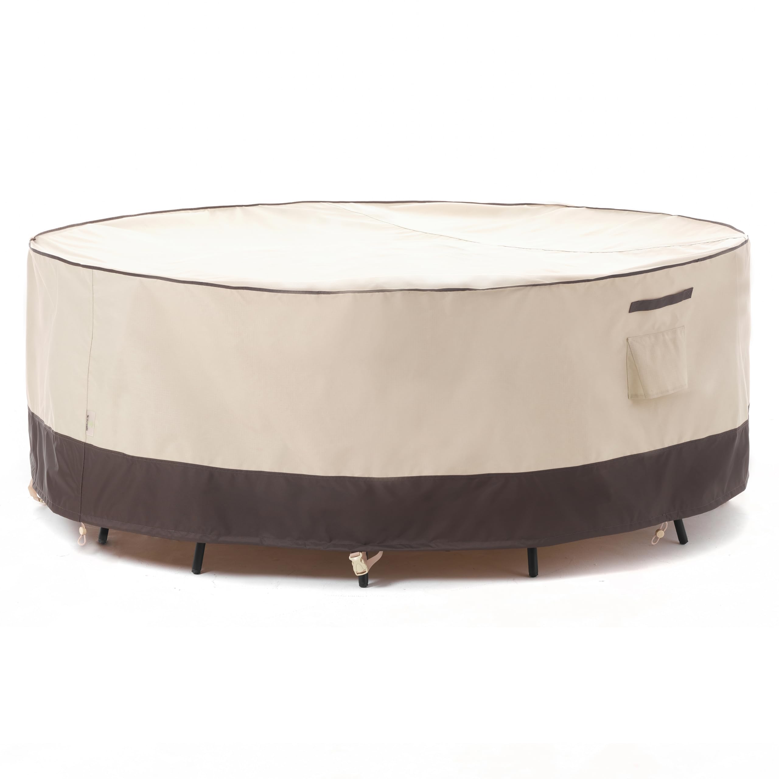 F&J Outdoors front view of cover protecting round table, reliable all-weather protection