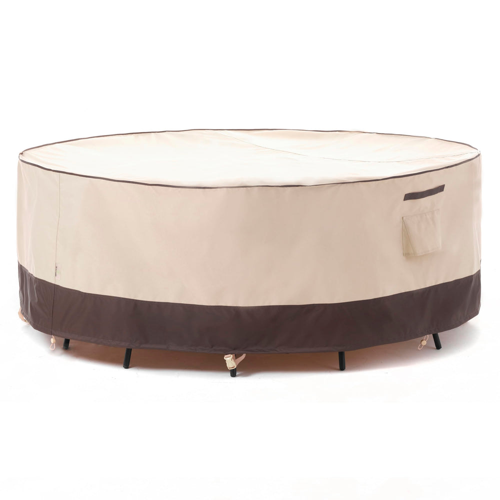 F&J Outdoors front view of cover protecting round table, reliable all-weather protection