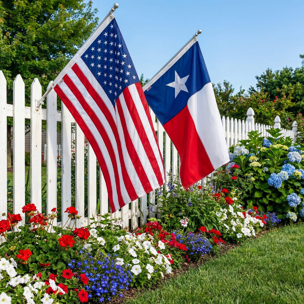 Fanfanwin American and Texas flags flying on a pole outdoors for visible display benefit