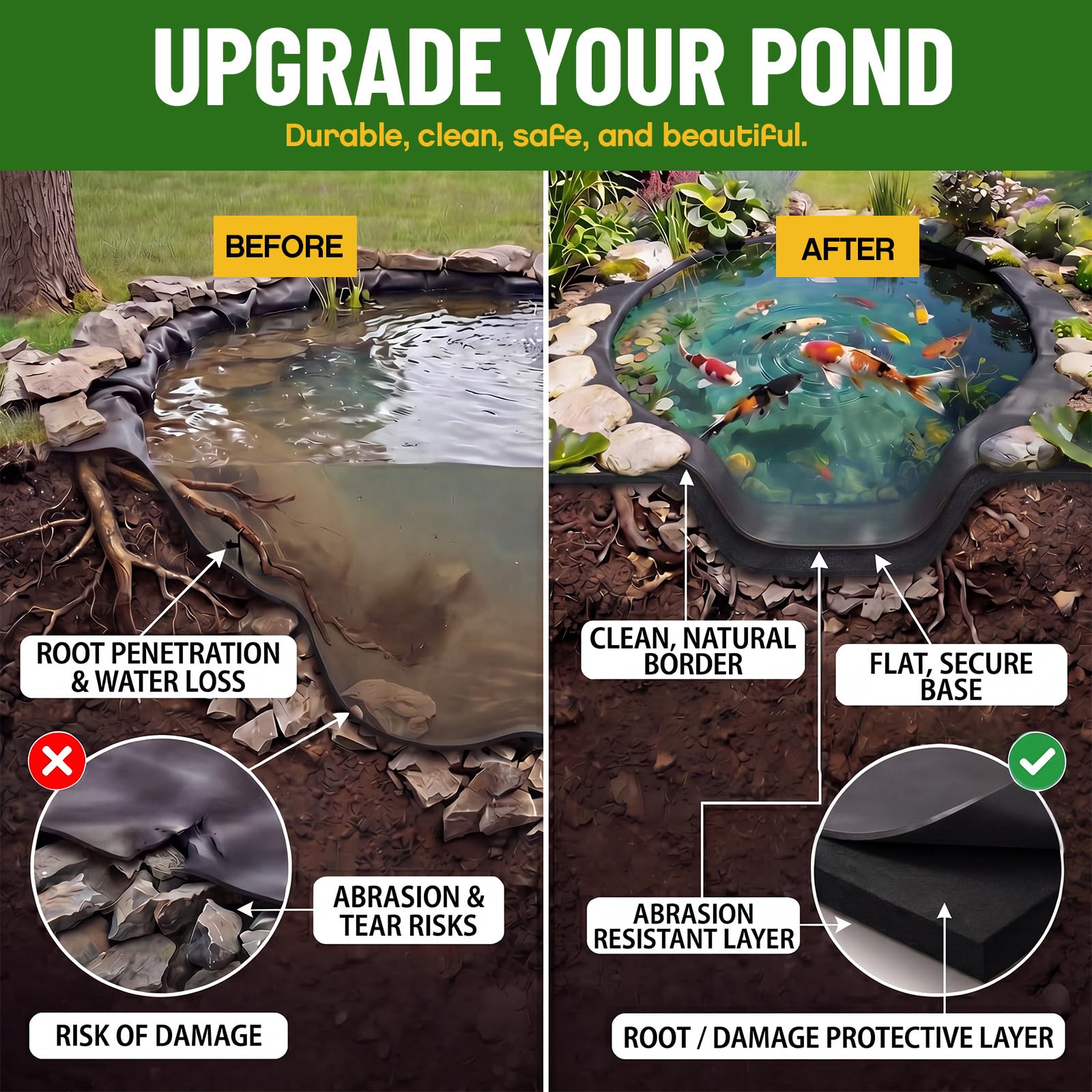 Fanfanwin roll beside measuring tape showing scale for accurate pond planning