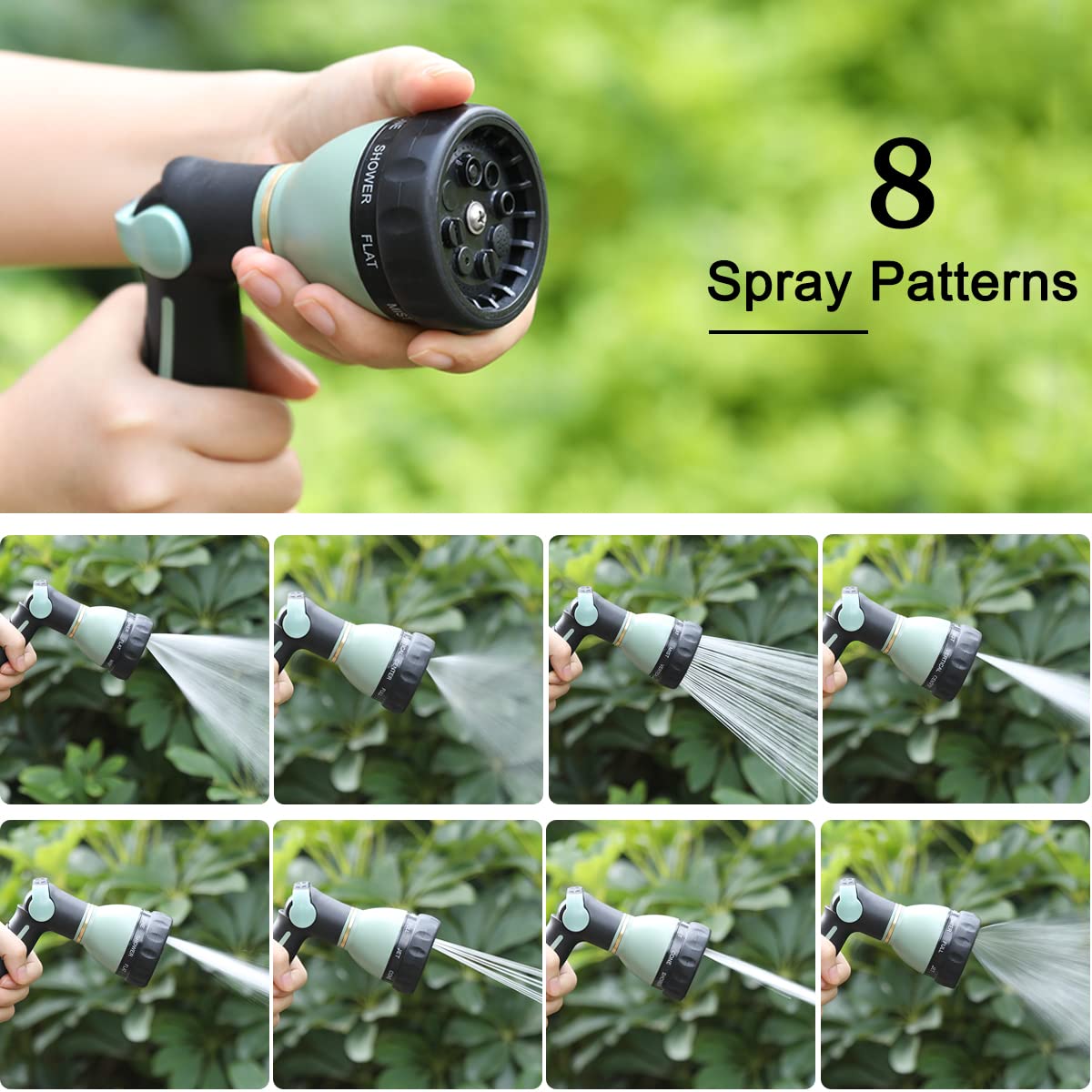 FANHAO dial showing eight spray patterns for versatile cleaning and watering benefit