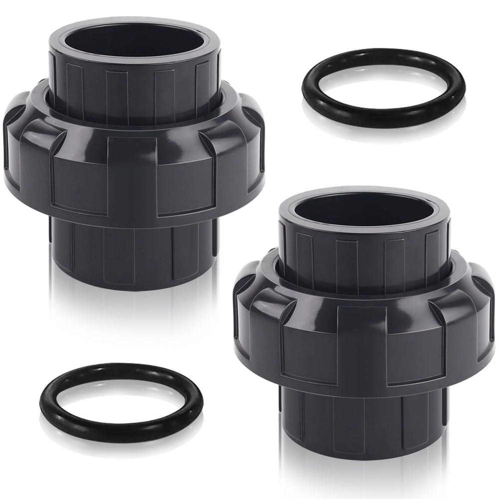 FANOVO front view of 2 inch PVC union coupling showing threaded nut and socket, for easy maintenance