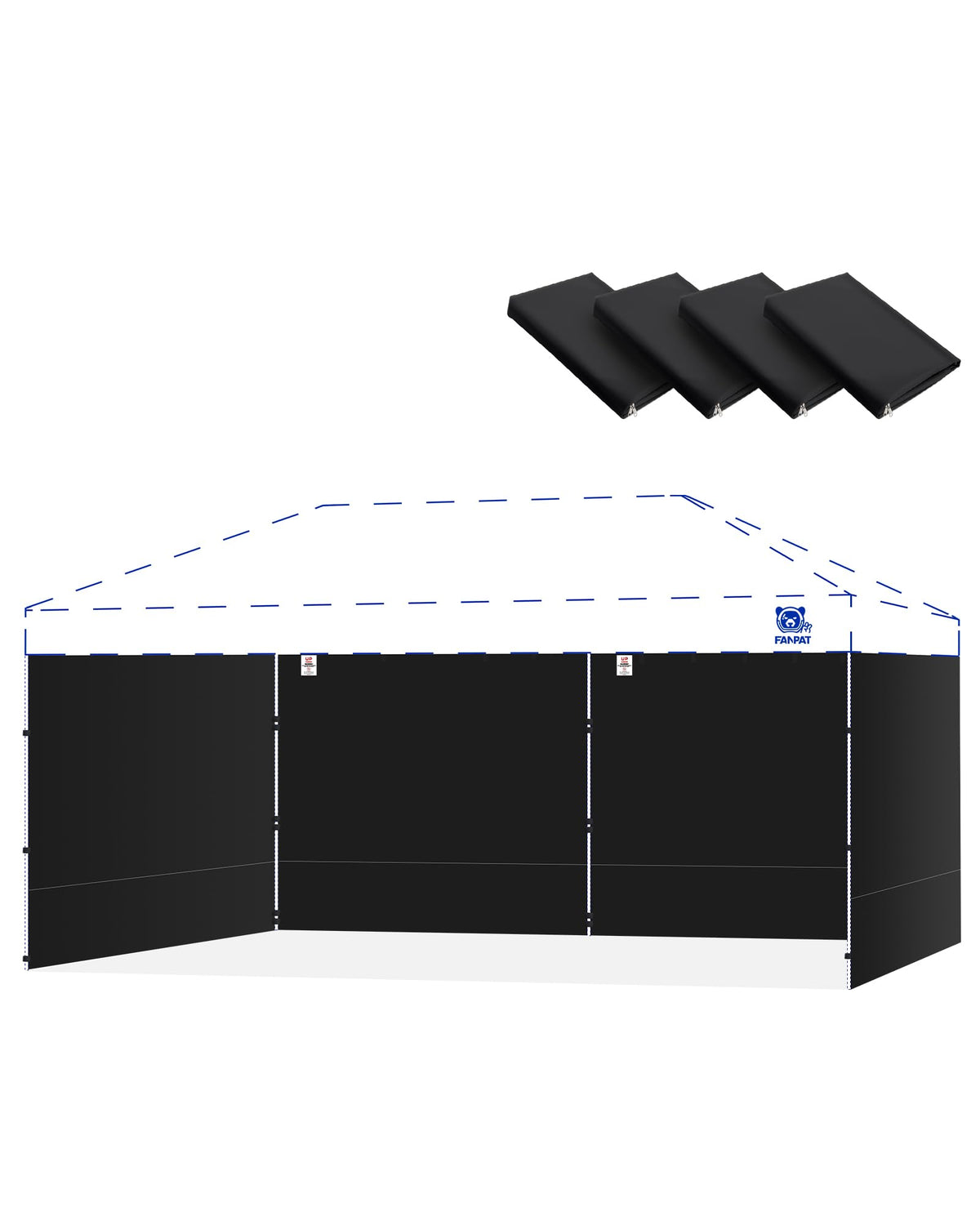 FANPAT front view of black 10x20 sidewalls showing full coverage and professional look