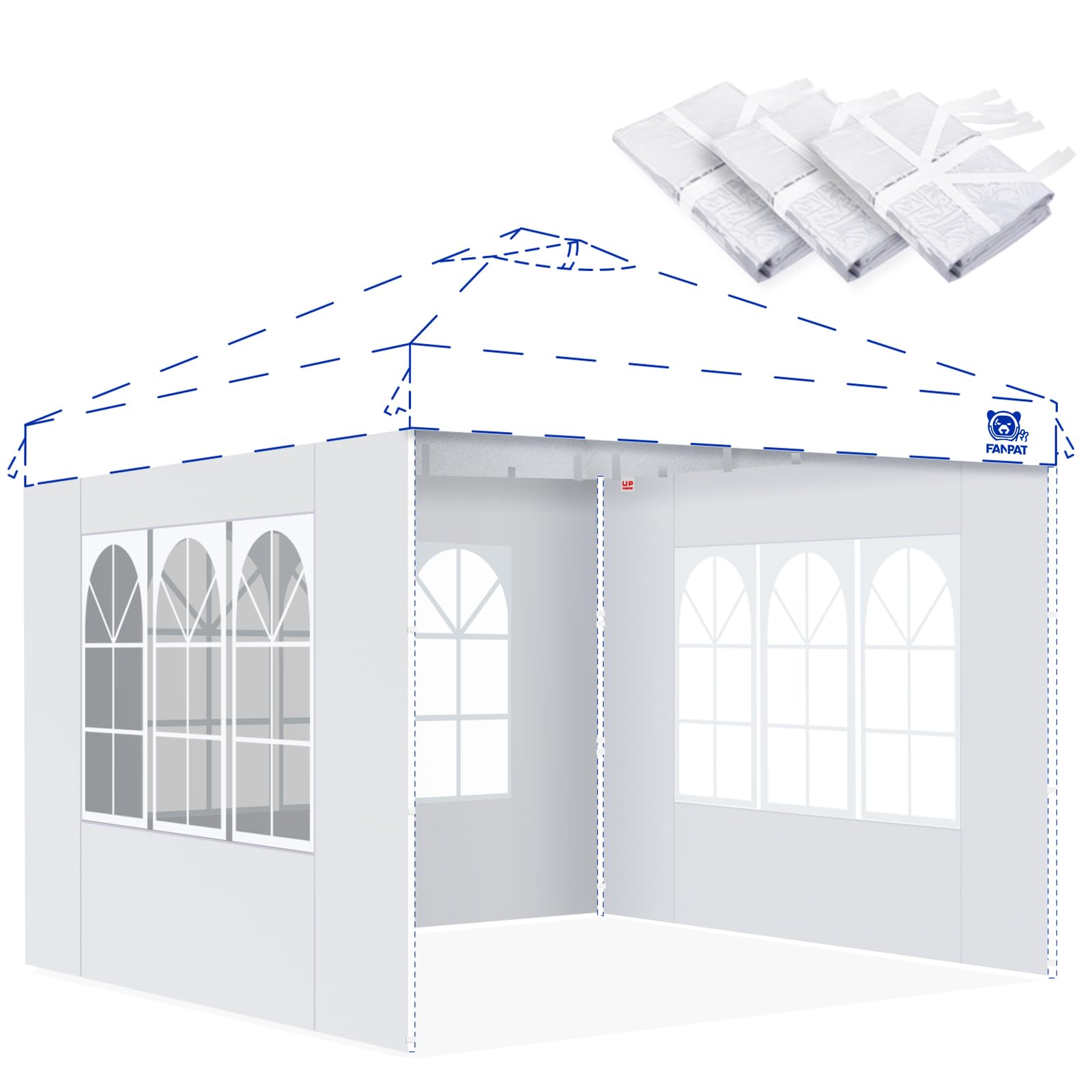 FANPAT front view of three white sidewalls attached to 10x10 canopy, provides privacy