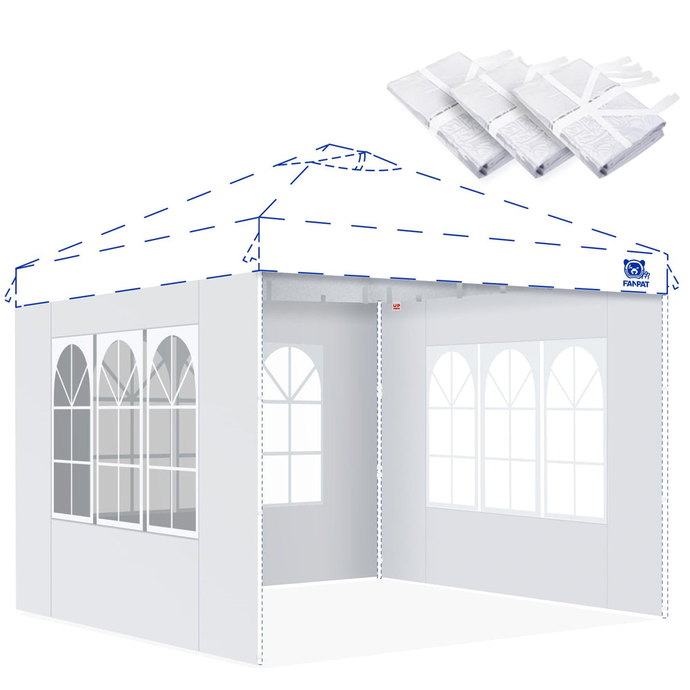 FANPAT front view of three white sidewalls attached to 10x10 canopy, provides privacy