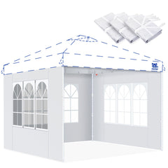 FANPAT front view of three white sidewalls attached to 10x10 canopy, provides privacy