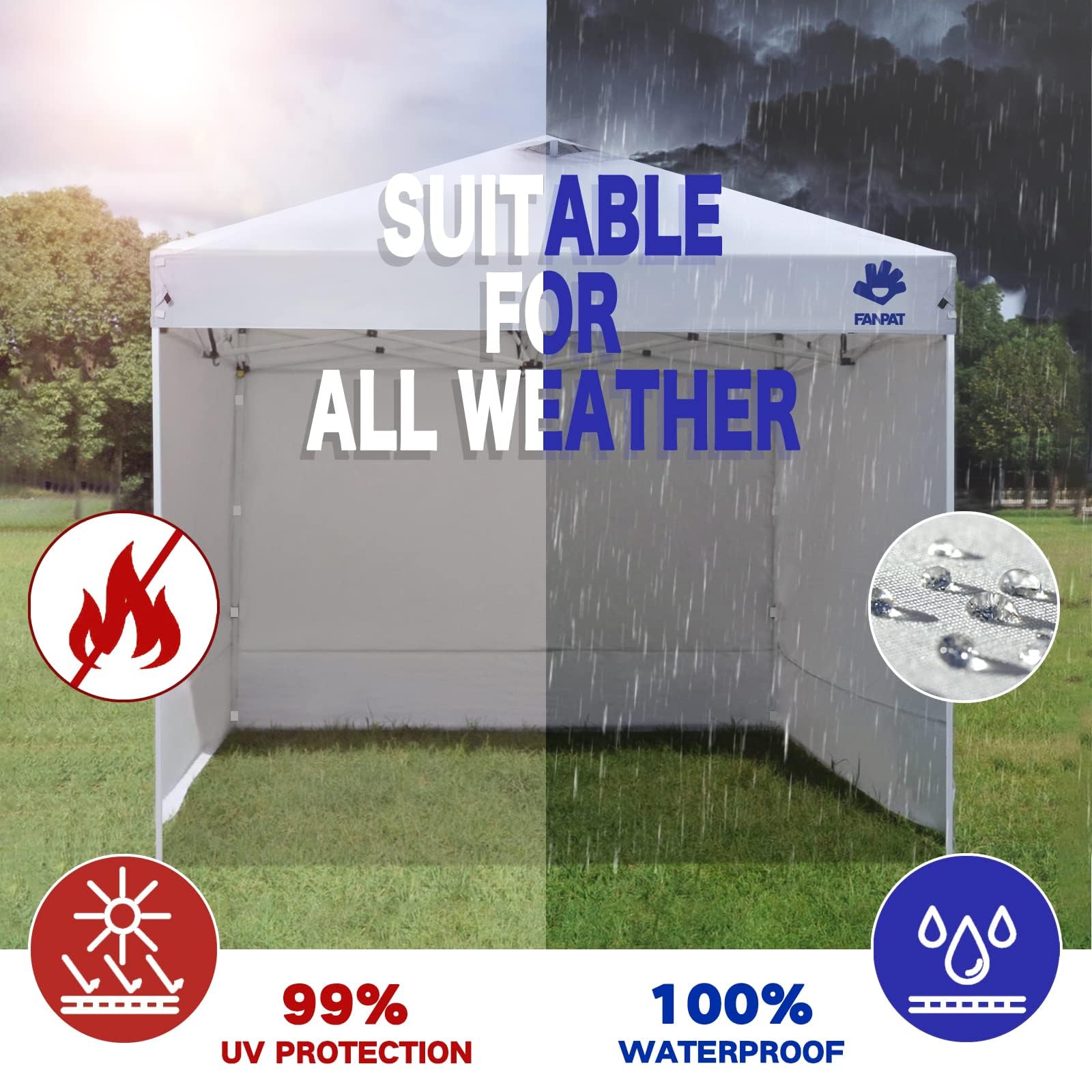 FANPAT sidewall installed on a 10x10 canopy demonstrating weather protection