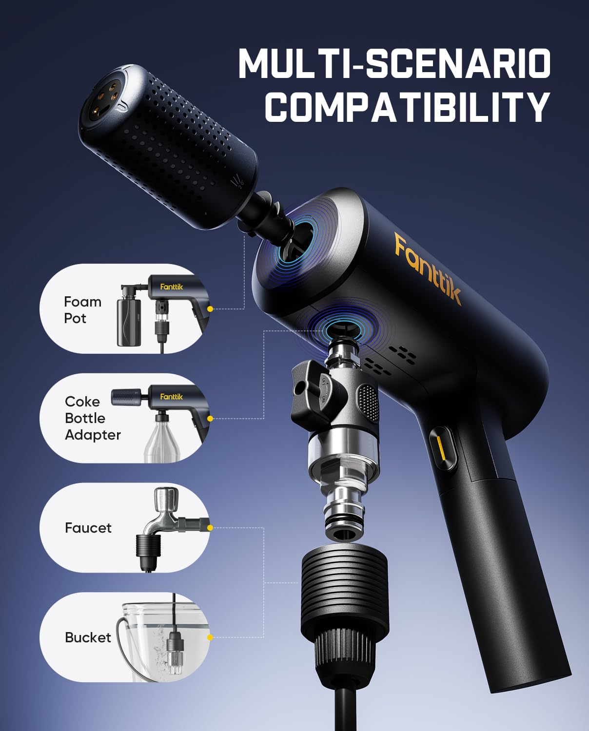 Fanttik NB10 5-in-1 nozzle rotating to change spray patterns quickly