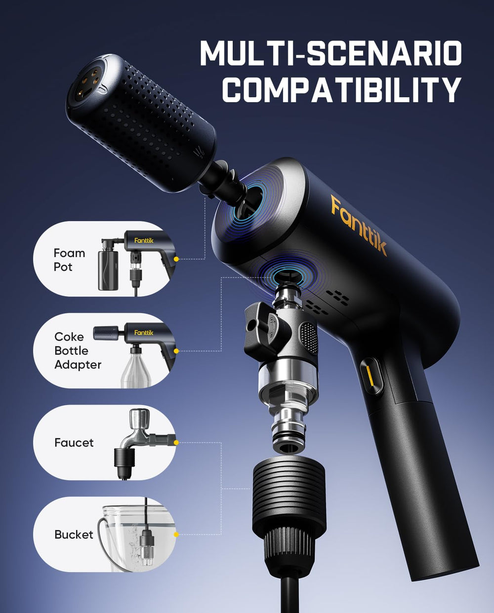 Fanttik NB10 5-in-1 nozzle rotating to change spray patterns quickly