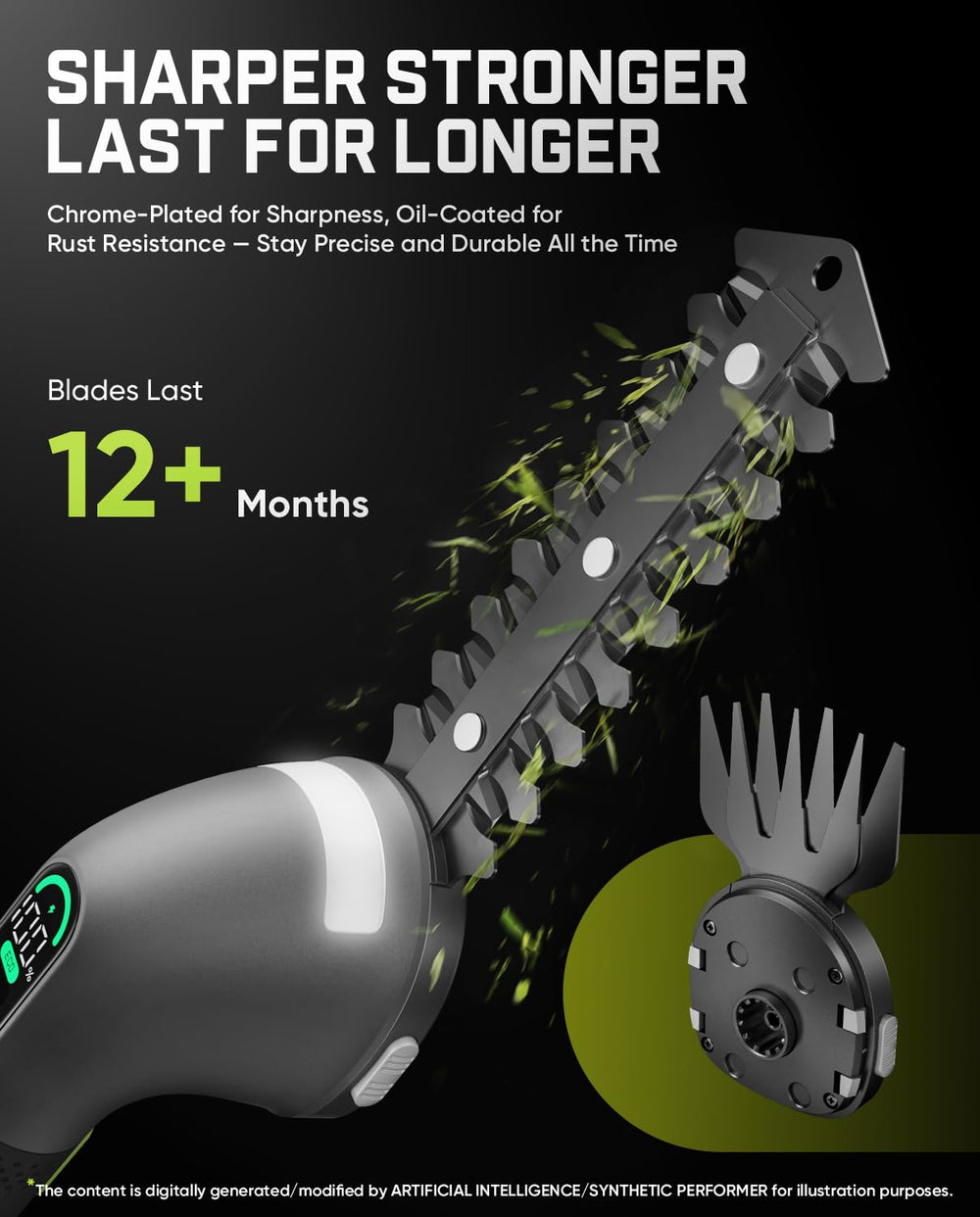 Fanttik shrub trimmer blade close-up demonstrating 35° edge and branch cutting