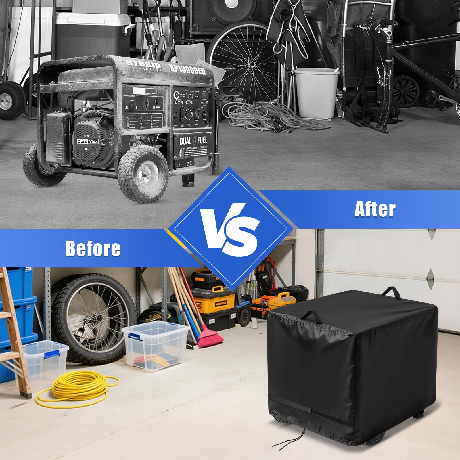 Farafox cover in garage lifestyle scene protecting generator and reducing upkeep