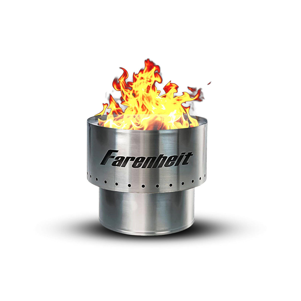 Farenheit front view of assembled fire pit showing compact design and portability benefit