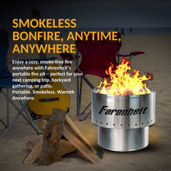 Farenheit fire pit in use at campsite providing low-smoke warmth for outdoor gatherings