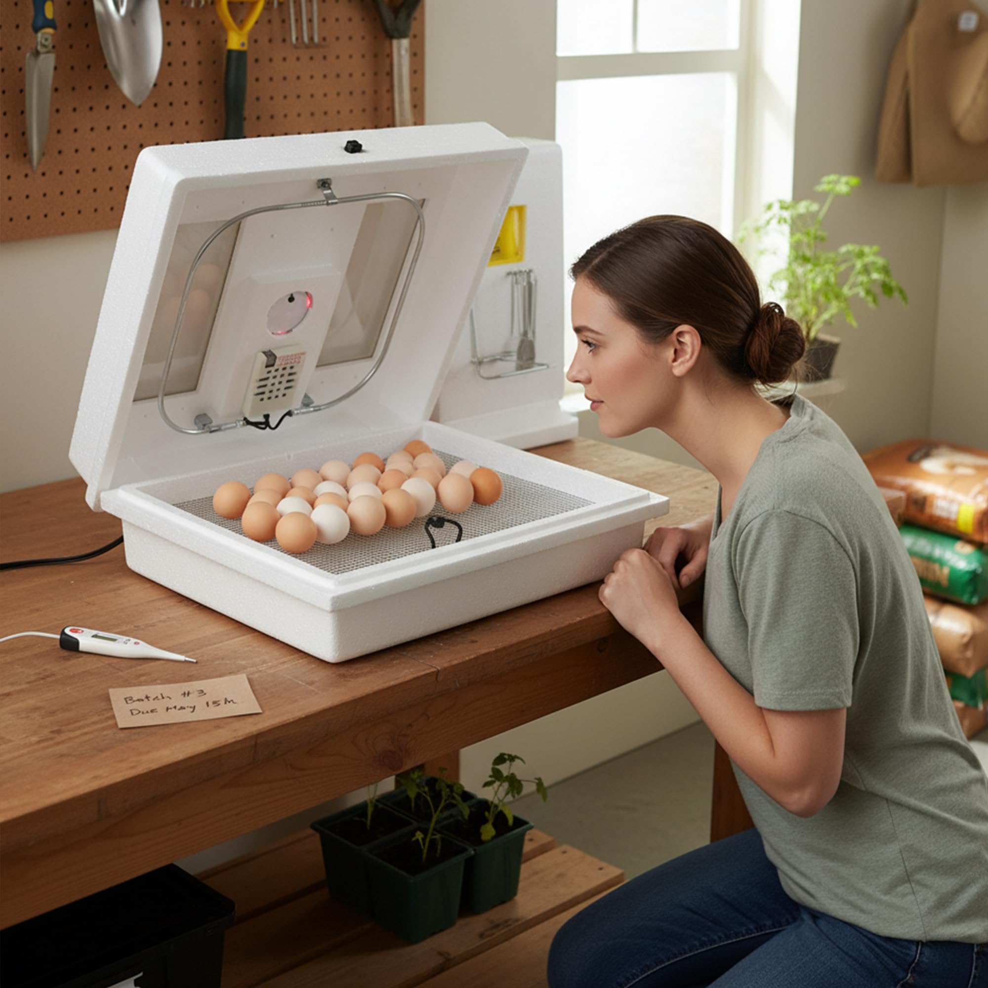Farm Innovators 2100 egg tray close-up showing capacity and benefit of organized egg placement