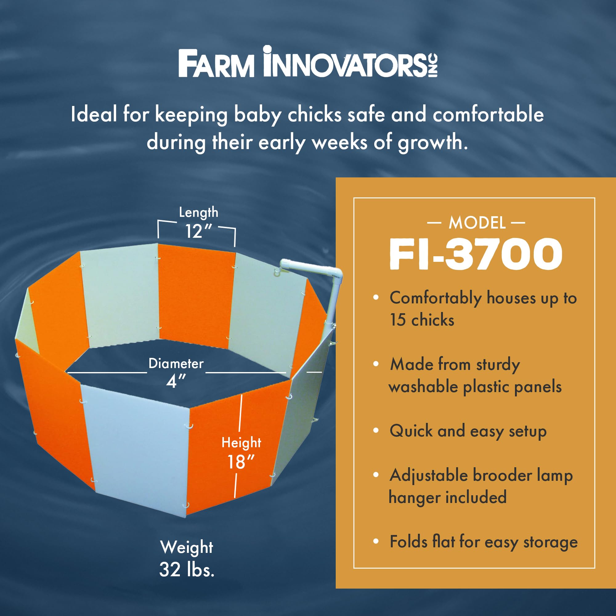 Farm Innovators adjustable lamp hanger detail showing secure mounting and flexible height