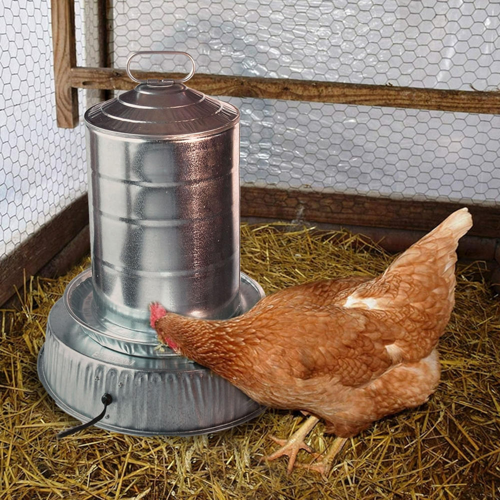 Farm Innovators base installed under metal poultry fount ensuring thawed water