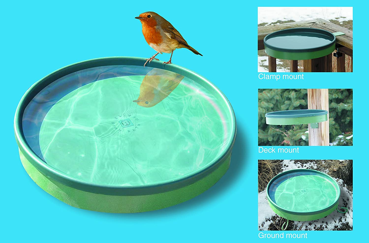 Farm Innovators birdbath mounted on a deck rail demonstrating clamp mount convenience