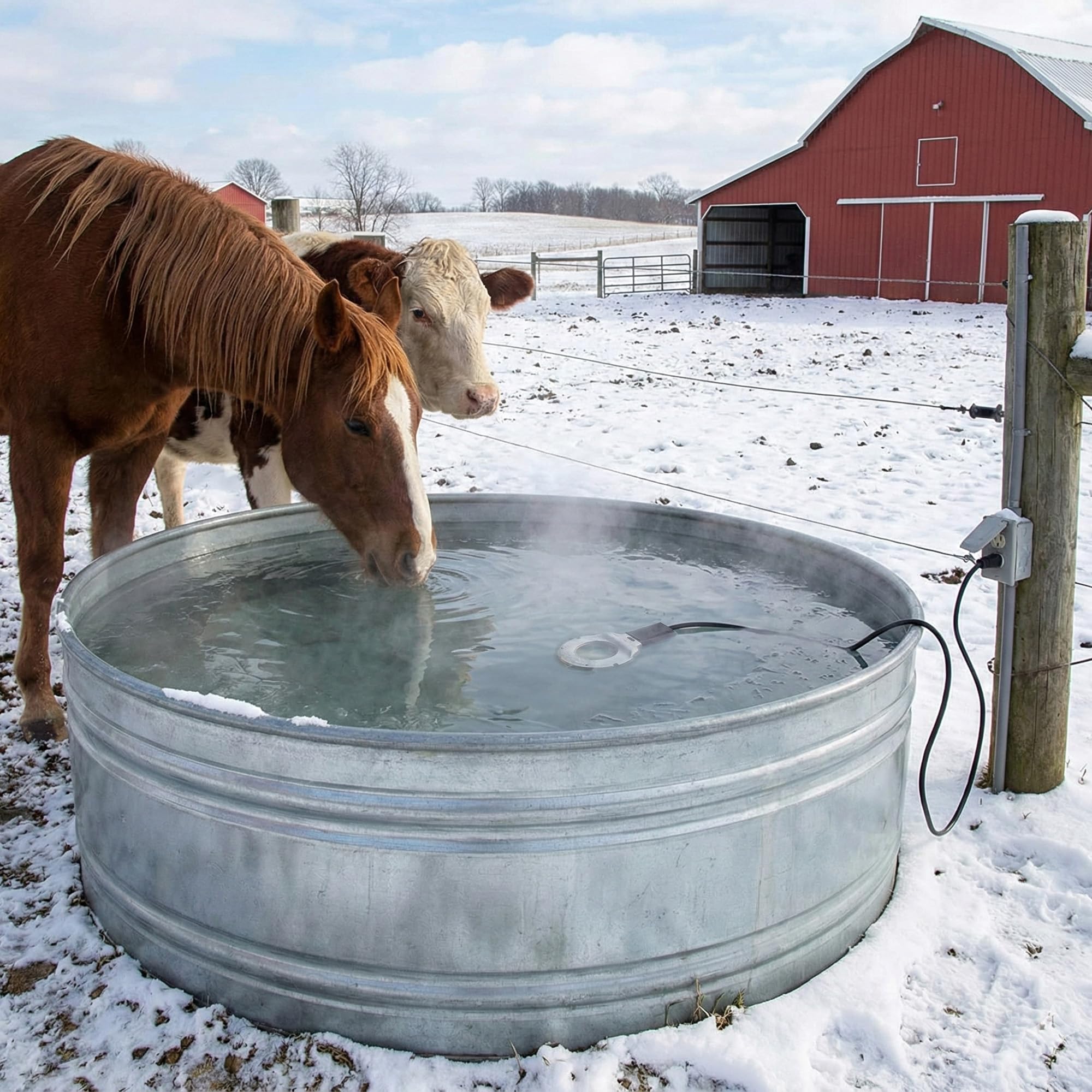Farm Innovators C-500 placed in metal trough demonstrating safe use in metal containers
