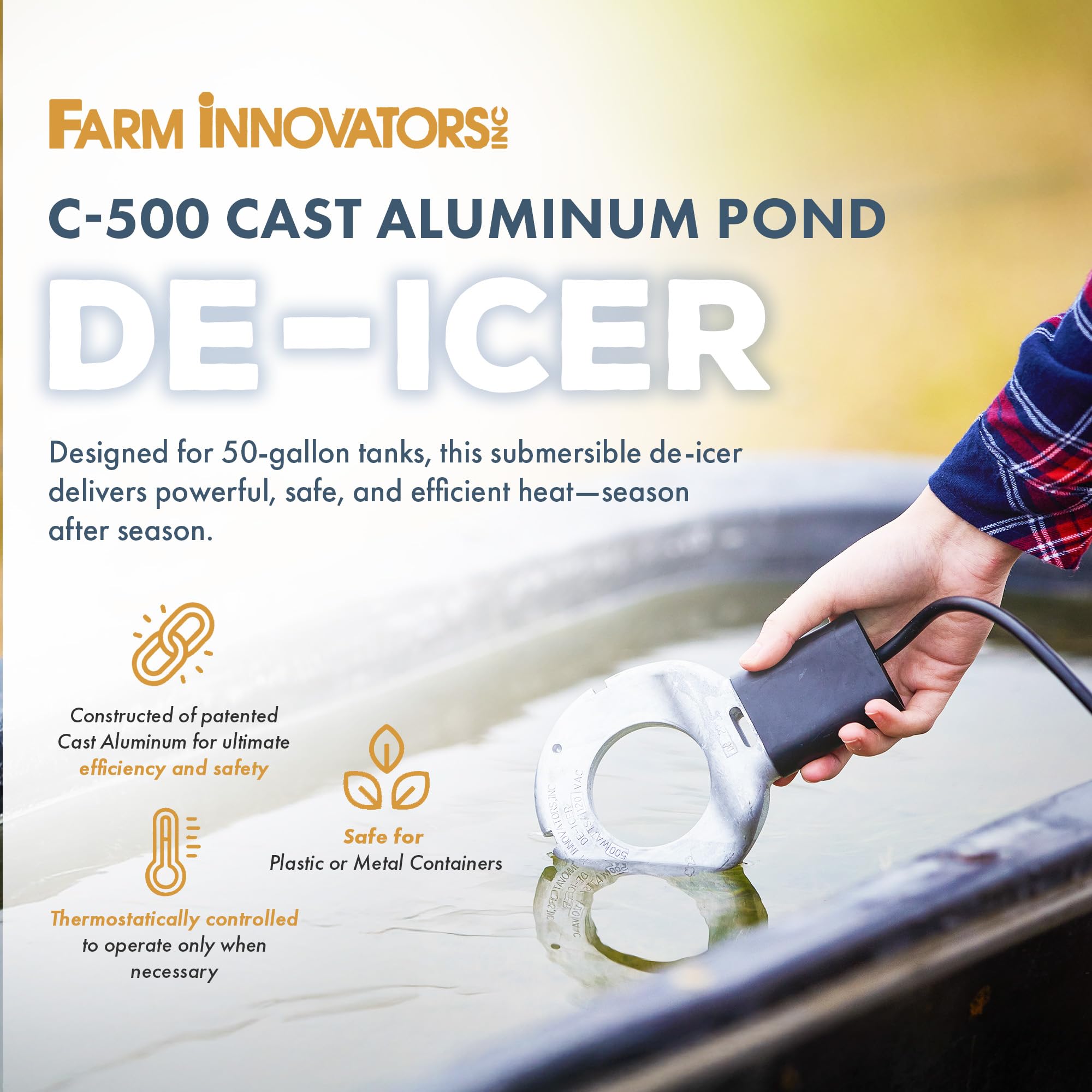 Farm Innovators C-500 side profile highlighting low-profile cast-aluminum body and durability