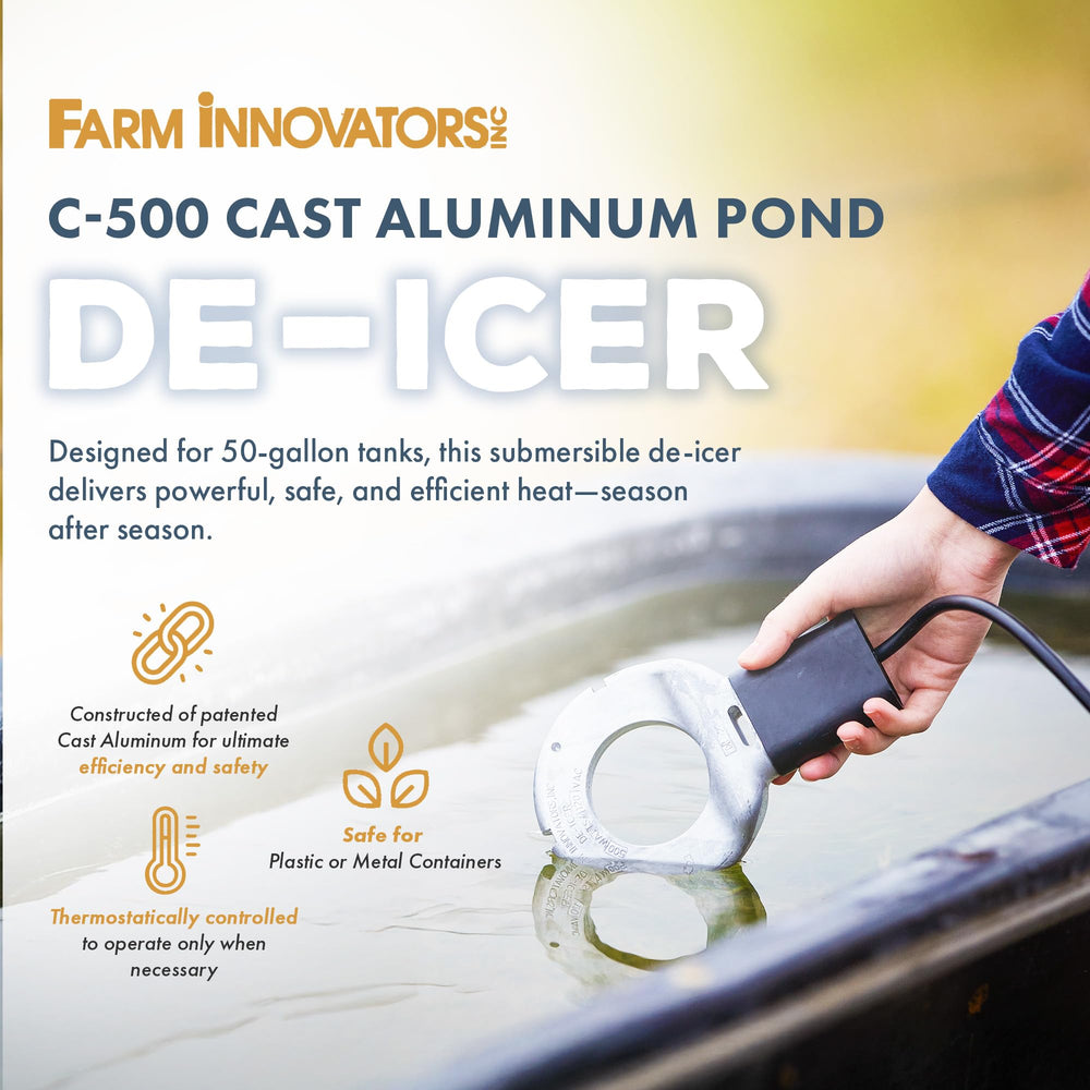 Farm Innovators C-500 side profile highlighting low-profile cast-aluminum body and durability