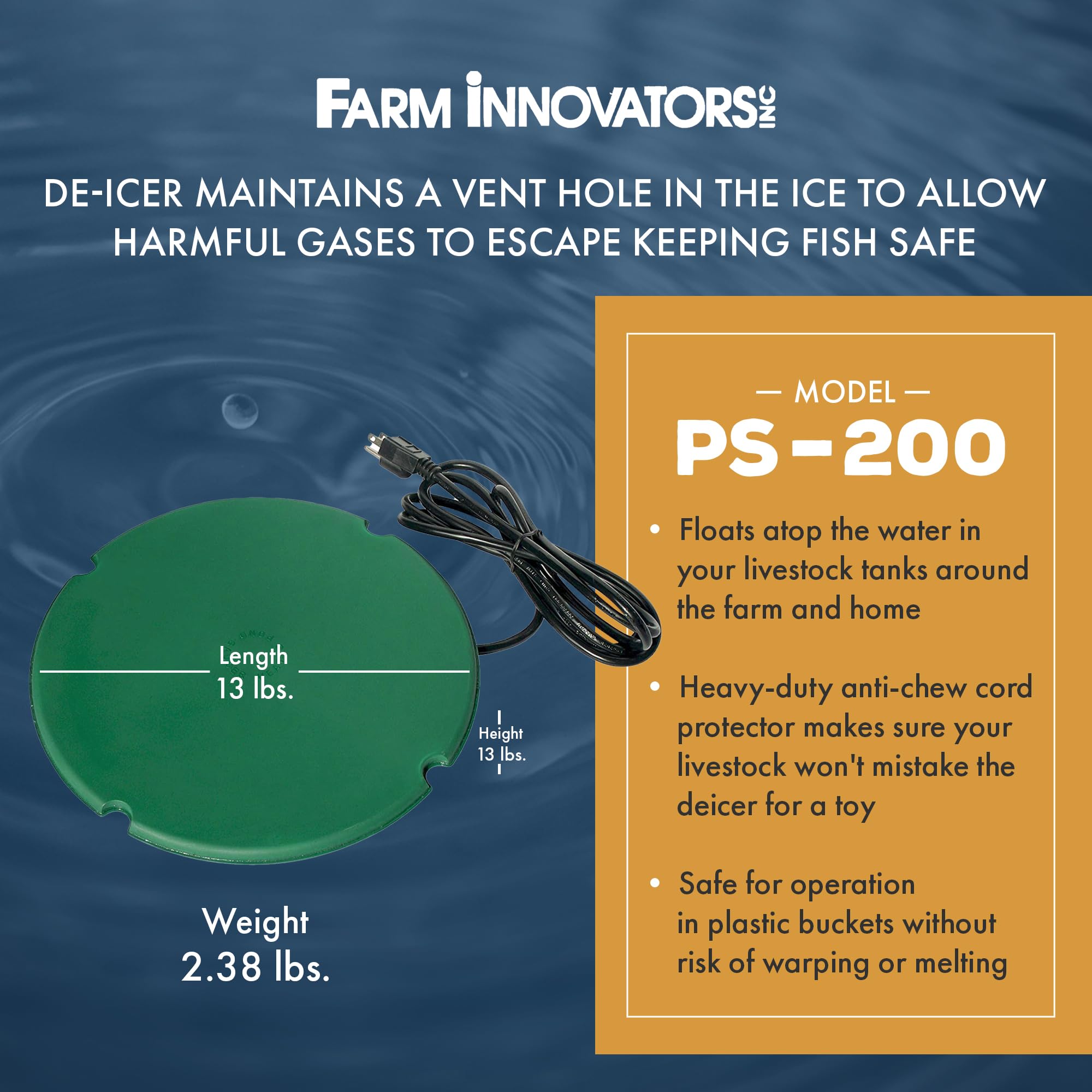 Farm Innovators floating de-icer in pond keeping a breathing hole open