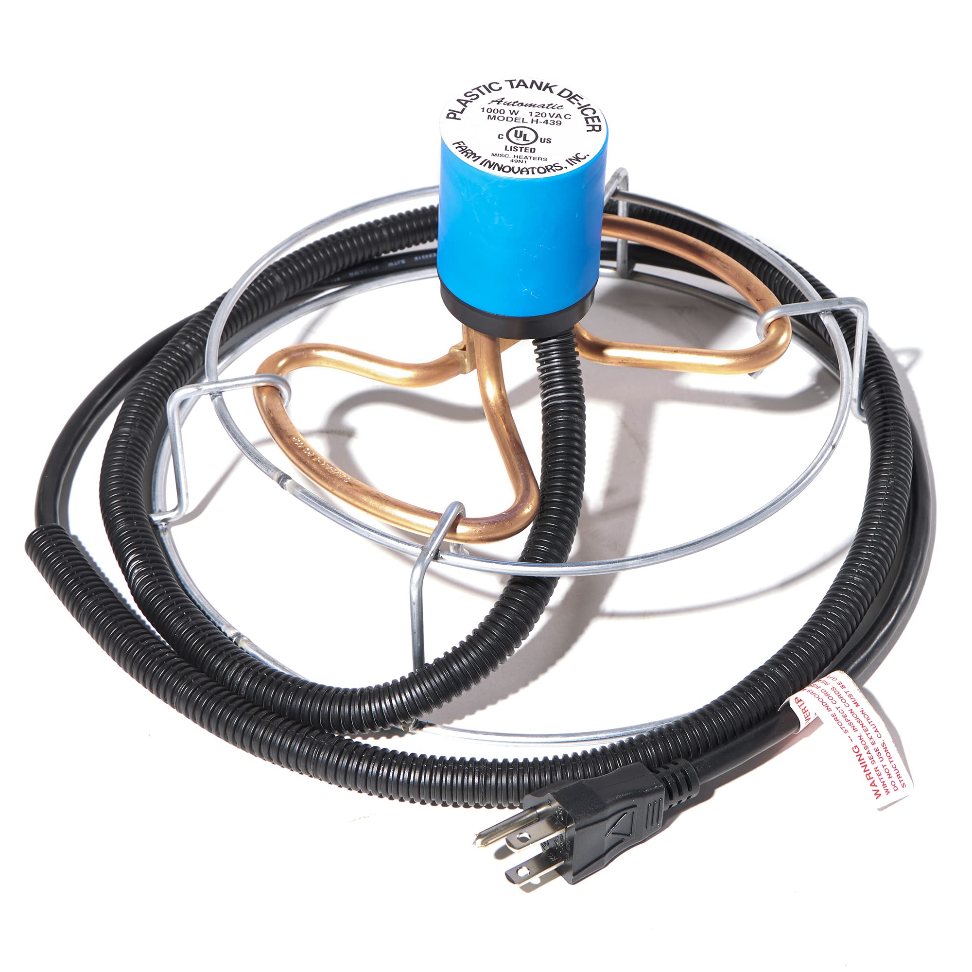 Farm Innovators front view of de-icer showing compact cage and base benefit reliable heating