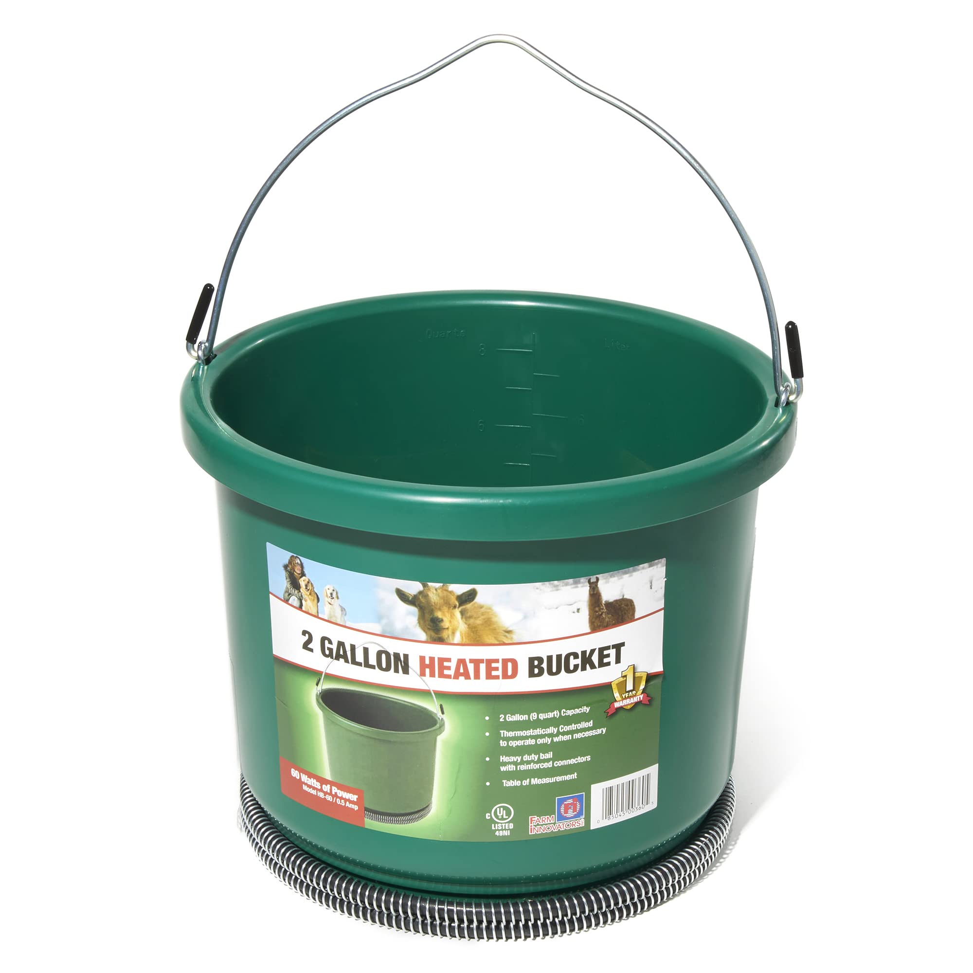 Farm Innovators HB-60 front view showing durable green bucket and benefit of thawed water