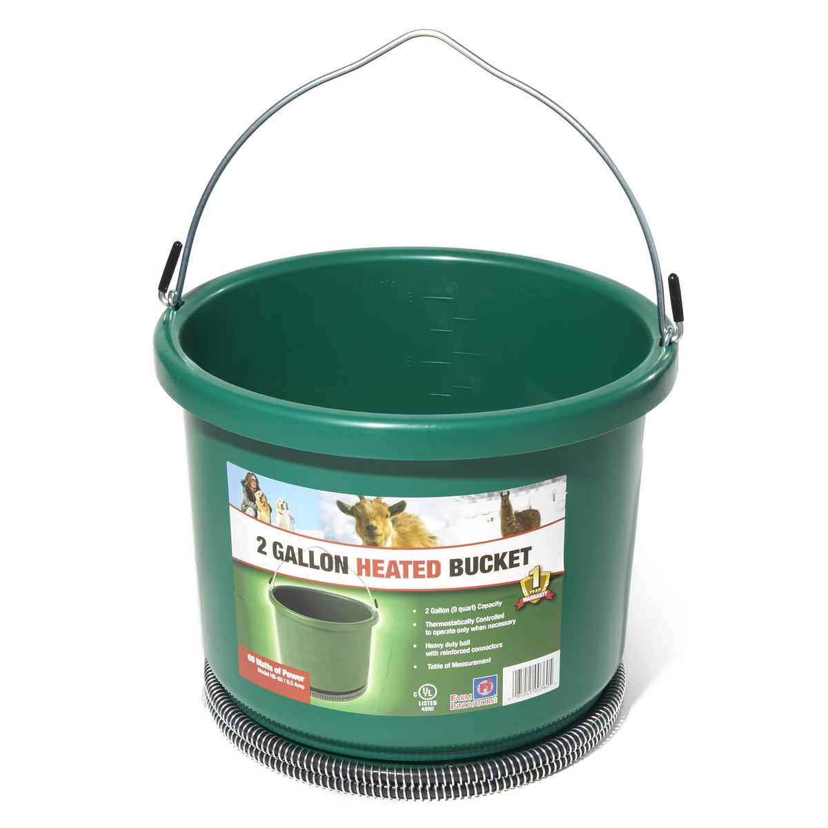 Farm Innovators HB-60 front view showing durable green bucket and benefit of thawed water
