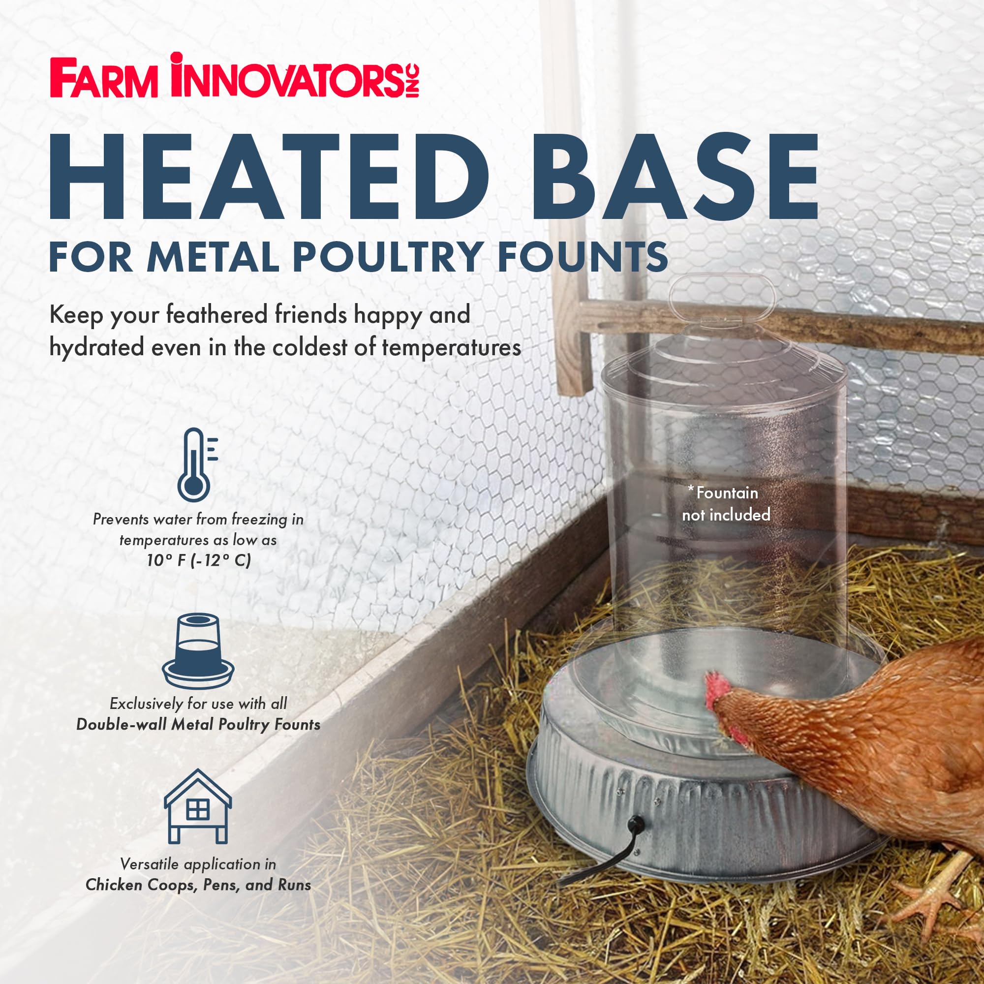 Farm Innovators heated base side profile illustrating slim durable design