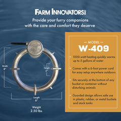 Farm Innovators heater submerged in bucket showing efficient warming for livestock water