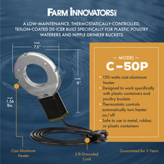 Farm Innovators heating element detail illustrating efficient 150W warmth for thawing
