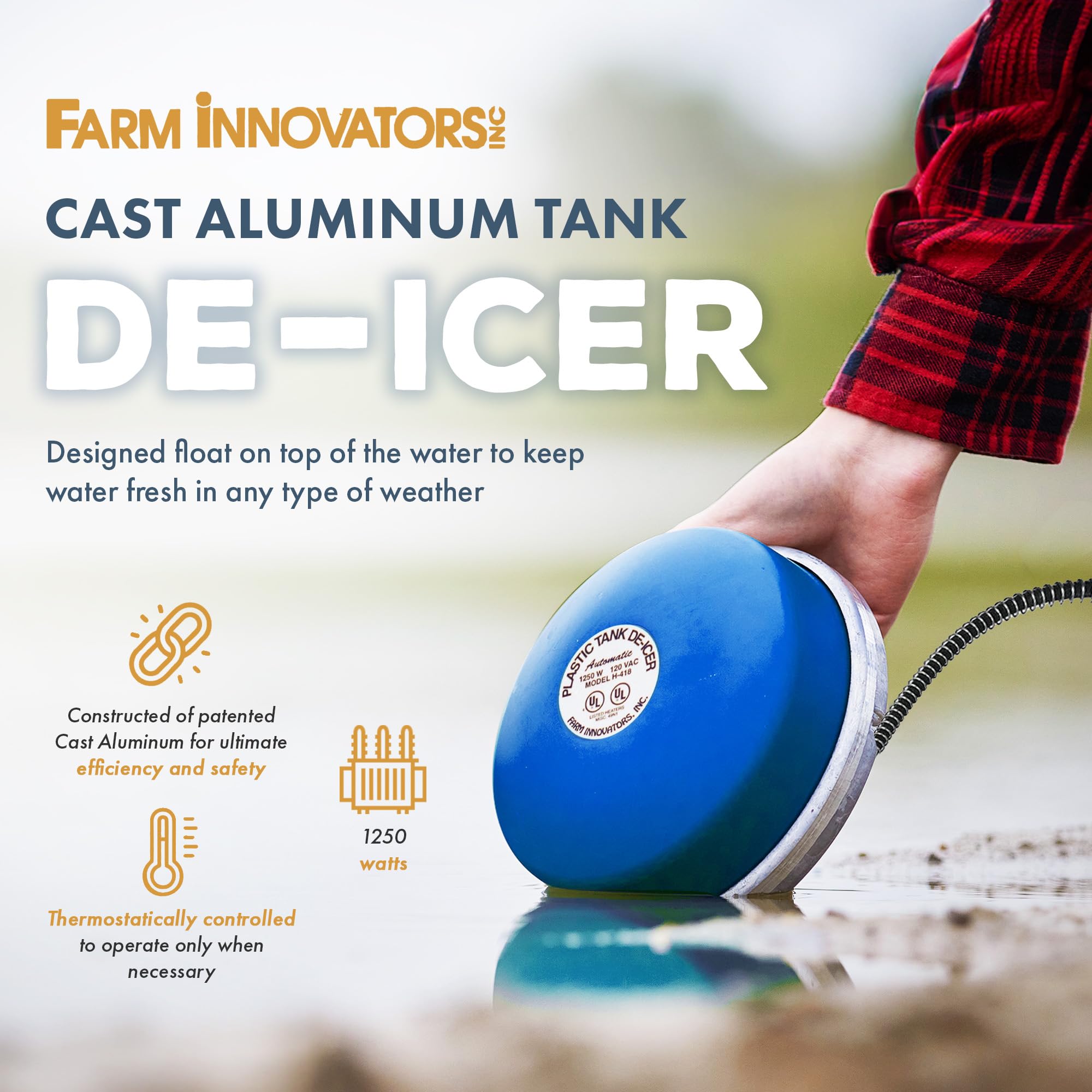 Farm Innovators Ice Chaser cast aluminum close-up showing efficient heating