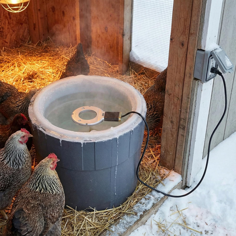 Farm Innovators installed in a nipple bucket keeping poultry water unfrozen and accessible
