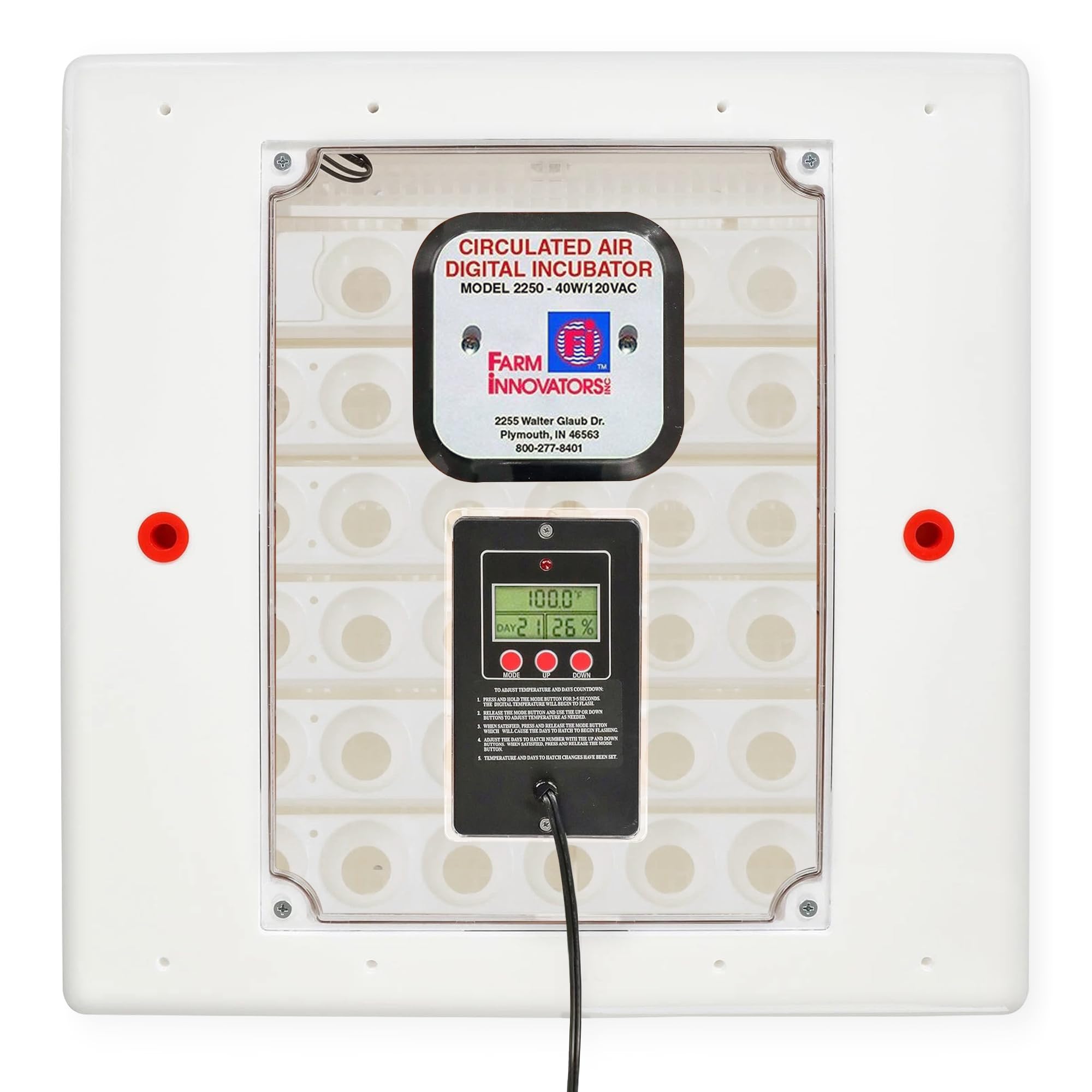 Farm Innovators Model 2200 front view showing white incubator and controls for easy use