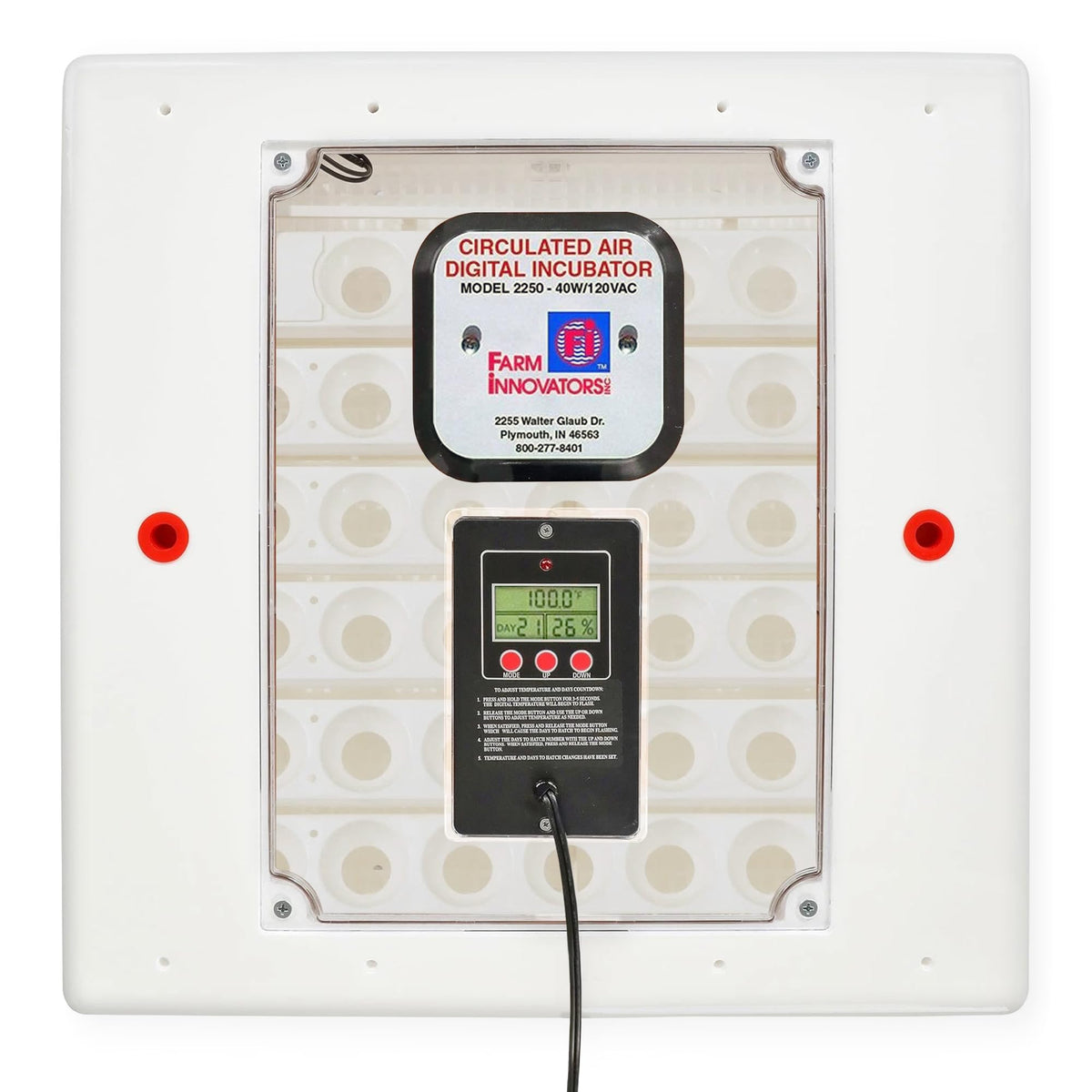 Farm Innovators Model 2200 front view showing white incubator and controls for easy use