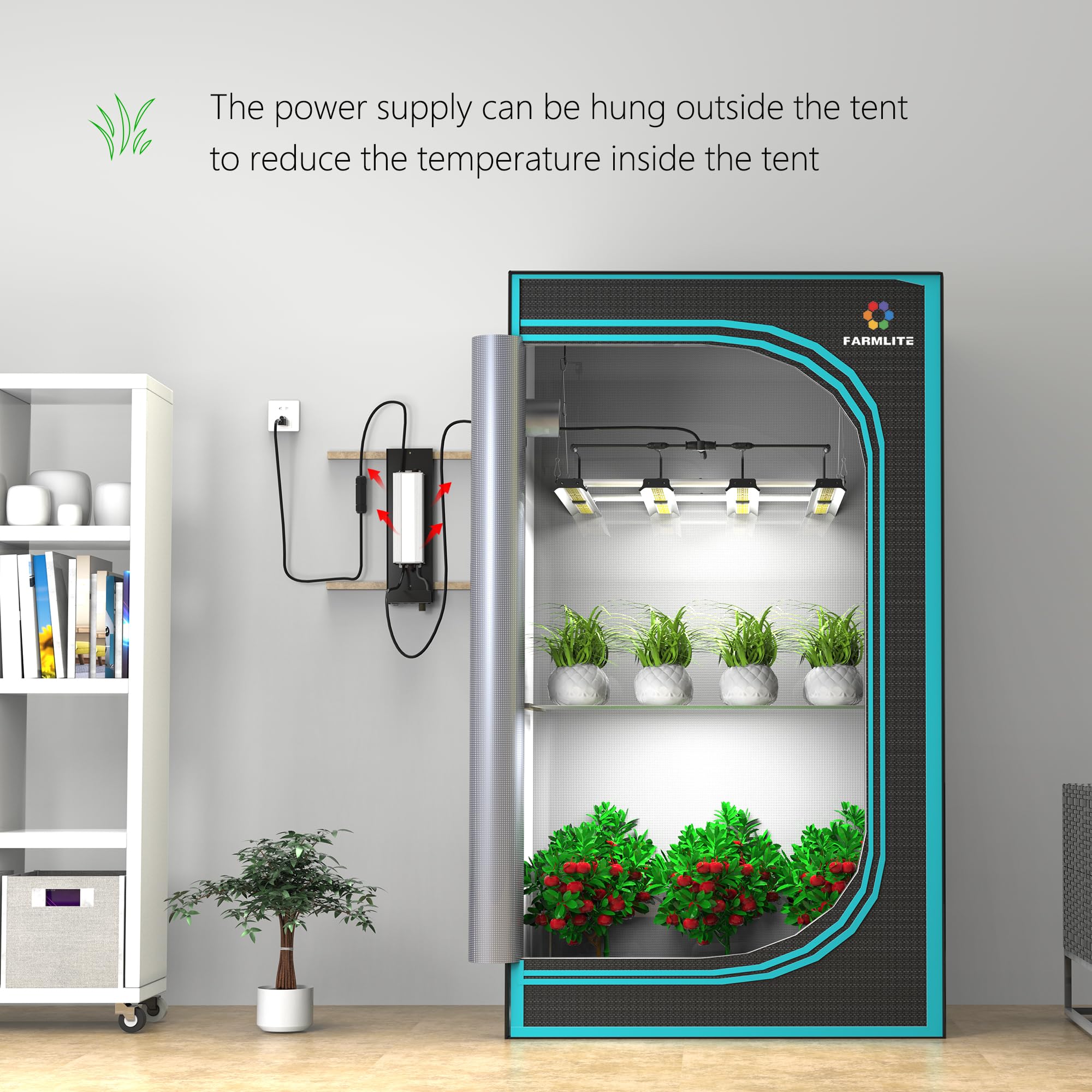 FARMLITE mounted in grow tent showing space-saving benefit
