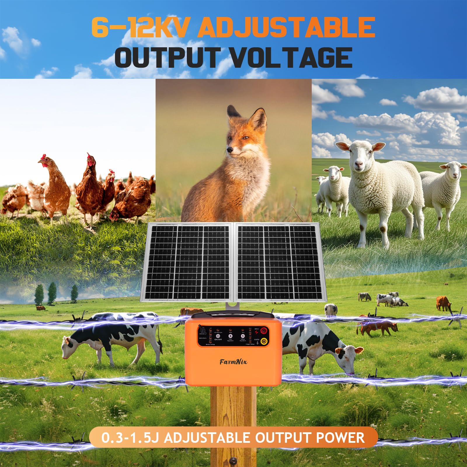 FarmNix unit mounted on a fence post providing off-grid perimeter protection