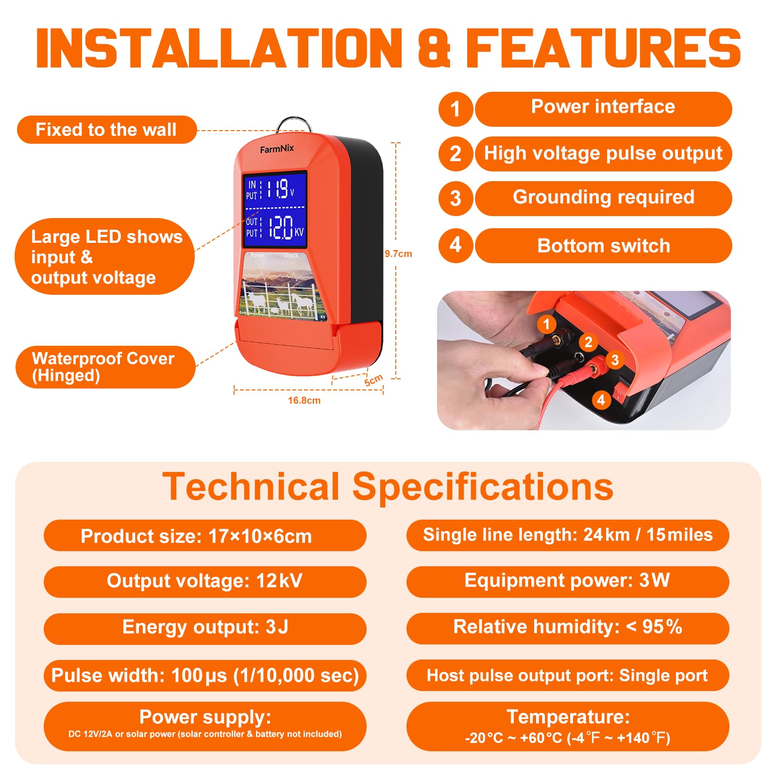 FarmNix mounted on fence post protecting perimeter with reliable pulses