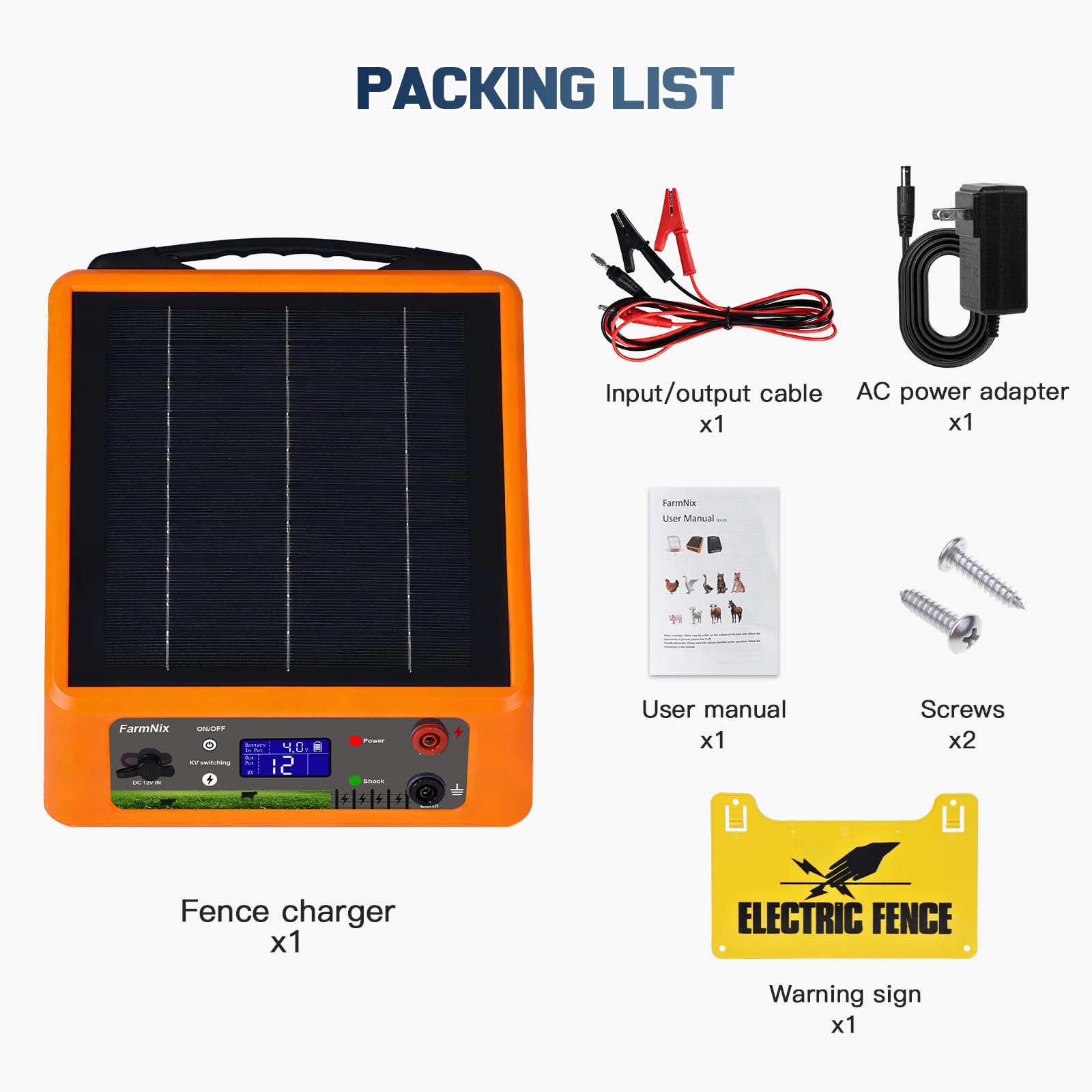 FarmNix package contents laid out showing included cables adapter screws and sign