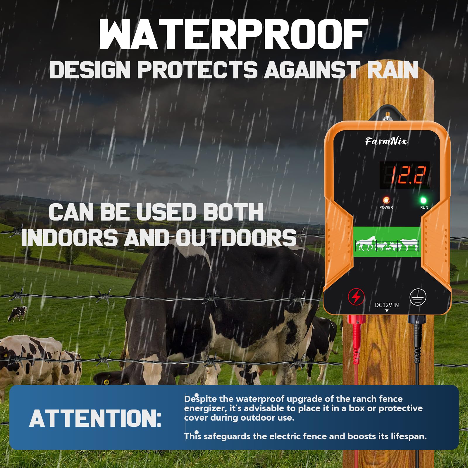 FarmNix weatherproof housing illustrating protection from rain and snow