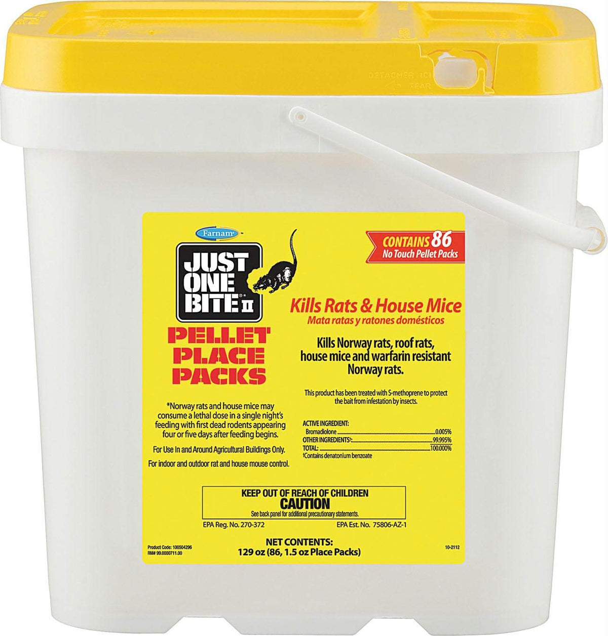 Farnam Just One Bite II front packaging showing 86 pellet place packs and clear tub for convenient storage